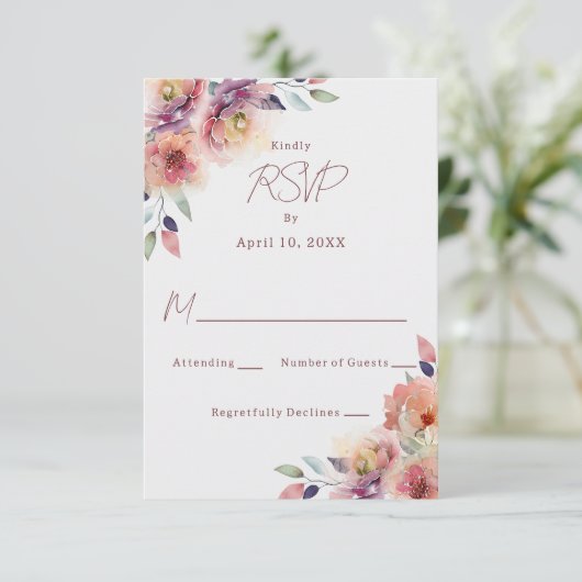Blush Roze Bloemen Bruiloft RSVP Reactie Kaart (Staand voorkant)
