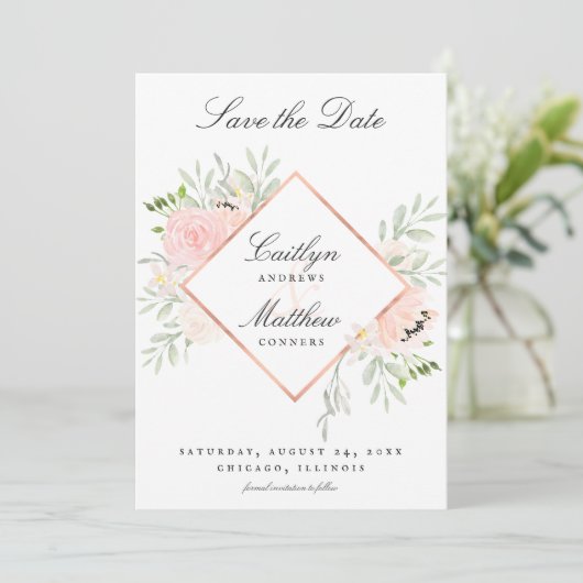 Blush Roze Bloemen Bruiloft Save the Date (Staand voorkant)