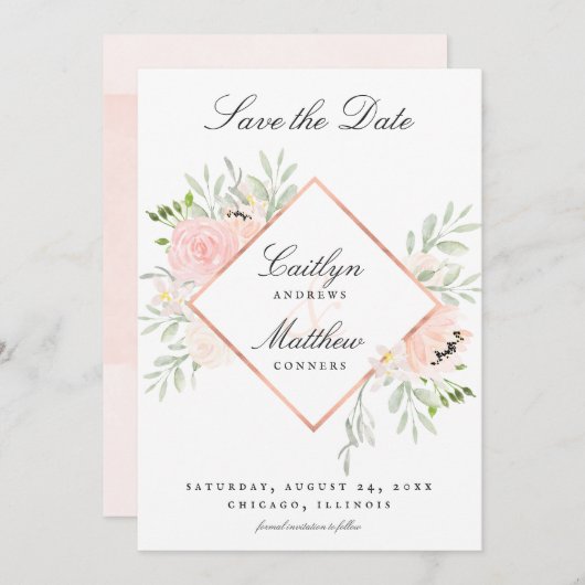Blush Roze Bloemen Bruiloft Save the Date (Voorkant / Achterkant)