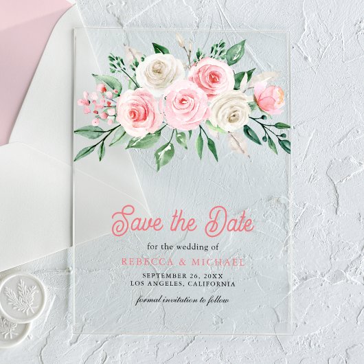 Blush Roze Bloemen Bruiloft Save the Date Acryl Uitnodigingen