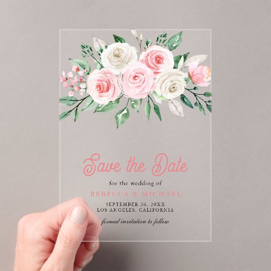 Blush Roze Bloemen Bruiloft Save the Date Acryl Uitnodigingen (Insitu (Draagbaar))