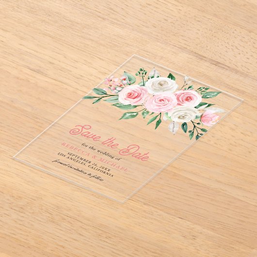 Blush Roze Bloemen Bruiloft Save the Date Acryl Uitnodigingen (Laagn)