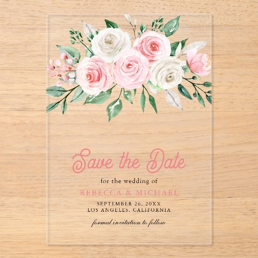 Blush Roze Bloemen Bruiloft Save the Date Acryl Uitnodigingen (Voorkant)