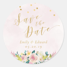 Blush Roze Bloemen Bruiloft Save the Date Ronde Sticker