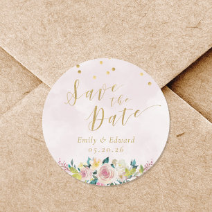 Blush Roze Bloemen Bruiloft Save the Date Ronde Sticker