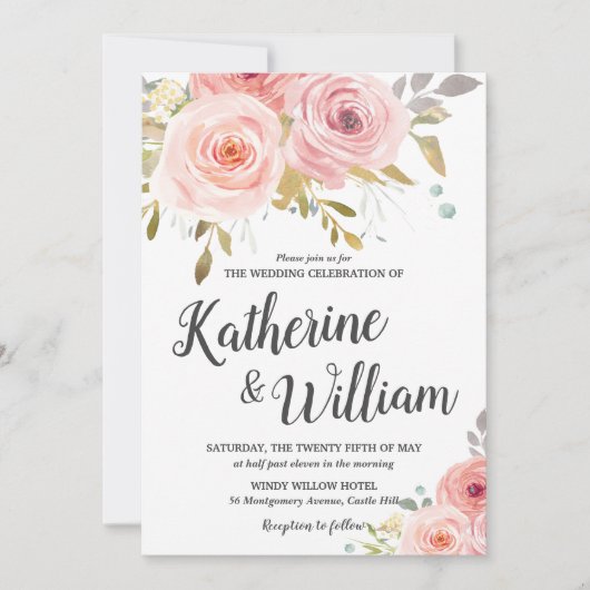 Blush Roze Bloemen Bruiloft Uitnodiging (Voorkant)