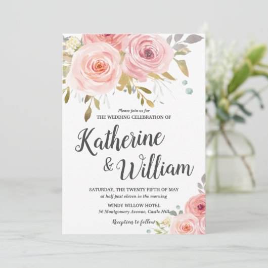 Blush Roze Bloemen Bruiloft Uitnodiging (Staand voorkant)