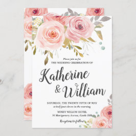 Blush Roze  Bloemen Bruiloft Uitnodiging