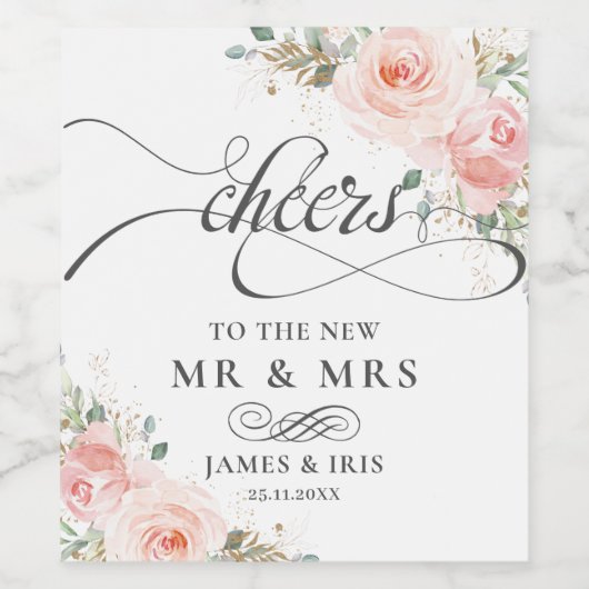 Blush Roze Bloemen Bruiloft Verjaardag Jubileum W Wijn Etiket (Enkel label)