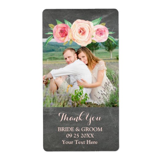 Blush Roze Bloemen Chalkboard Foto Bruiloft Label (Voorkant)