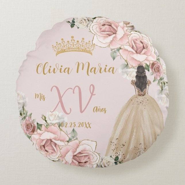  Blush Roze Bloemen Champagne Quinceañera Rond Kussen (Voorkant)