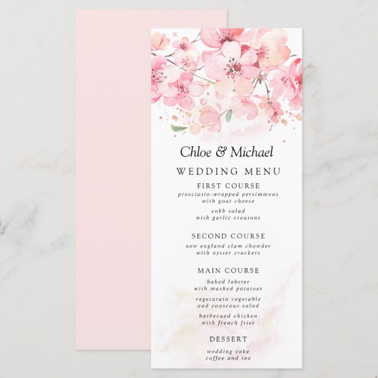 Blush Roze Bloemen Cherry Blossom Wedding Menu (Voorkant / Achterkant)
