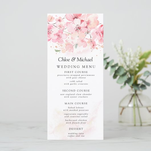 Blush Roze Bloemen Cherry Blossom Wedding Menu (Staand voorkant)