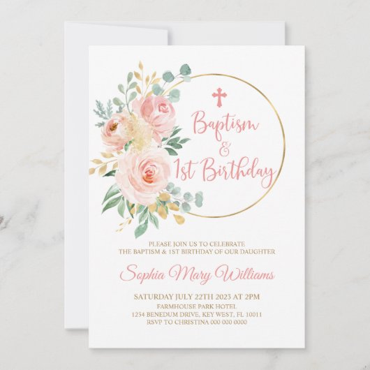 Blush Roze Bloemen Doop & Eerste Verjaardag Kaart (Voorkant)