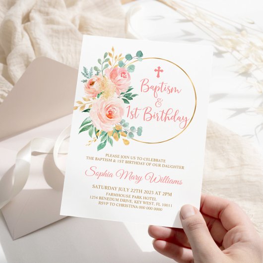Blush Roze Bloemen Doop & Eerste Verjaardag Kaart