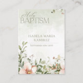 Blush roze bloemen doop groene herinneringskaart visitekaartje (Voorkant)