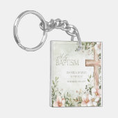Blush roze bloemen doop groene keepsake sleutelhan sleutelhanger (Voorkant Links)