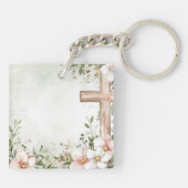 Blush roze bloemen doop groene keepsake sleutelhan sleutelhanger (Achterkant)