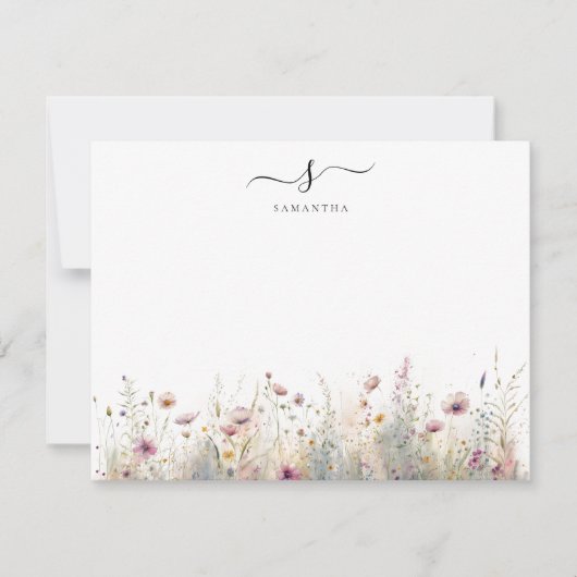 Blush Roze Bloemen Eenvoudig Chique Monogram Notitiekaartje (Voorkant)