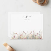 Blush Roze Bloemen Eenvoudig Chique Monogram Notitiekaartje (Voorkant / Achterkant in situ)