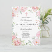 Blush Roze bloemen Eerste Communie Kaart (Staand voorkant)