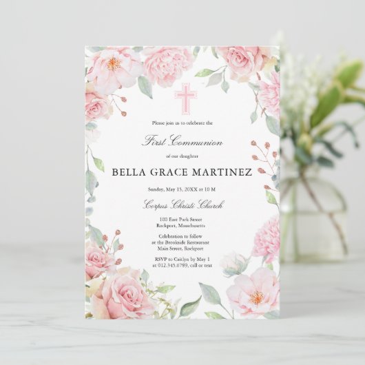 Blush Roze bloemen Eerste Communie Kaart (Staand voorkant)