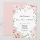 Blush Roze bloemen Eerste Communie Kaart (Voorkant / Achterkant)