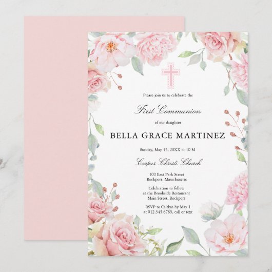 Blush Roze bloemen Eerste Communie Kaart (Voorkant / Achterkant)