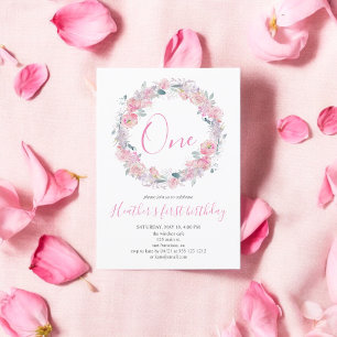 Blush Roze Bloemen Eerste Verjaardag Kaart