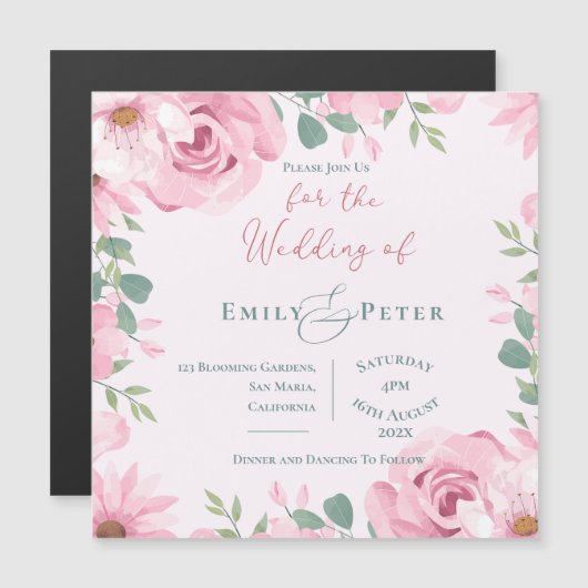 Blush roze bloemen elegante bruiloft uitnodiging (Voorkant / Achterkant)