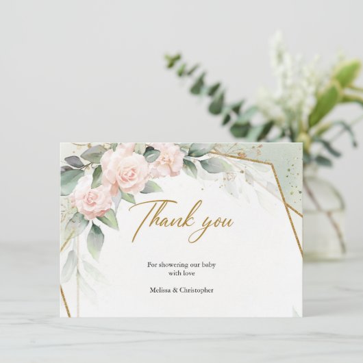 Blush roze bloemen en eucalyptus en gouden lijst bedankkaart (Staand voorkant)