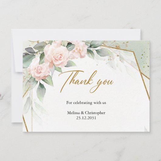 Blush roze bloemen en eucalyptus en gouden lijst bedankkaart (Voorkant)