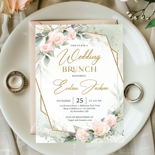 Blush roze bloemen en eucalyptusbrunch kaart