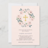  Blush Roze Bloemen en Gold Cross | doop Kaart (Voorkant)
