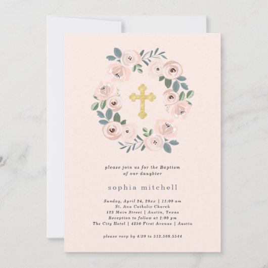  Blush Roze Bloemen en Gold Cross | doop Kaart (Voorkant)