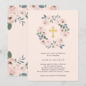  Blush Roze Bloemen en Gold Cross | doop Kaart (Voorkant / Achterkant)