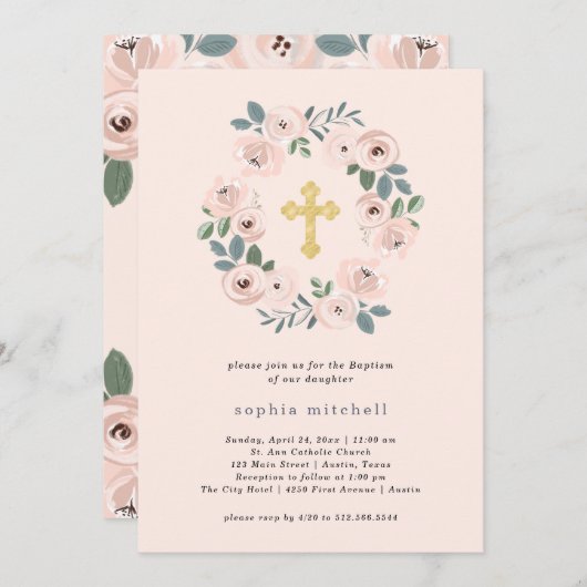  Blush Roze Bloemen en Gold Cross | doop Kaart (Voorkant / Achterkant)