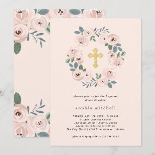 Blush Roze Bloemen en Gold Cross doop Kaart