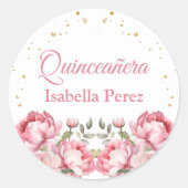 Blush Roze Bloemen en Gouden Glitter Quinceanera Ronde Sticker (Voorkant)