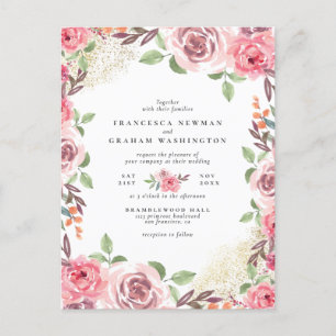 Blush roze bloemen en goudstofbotanische bruiloft uitnodiging briefkaart