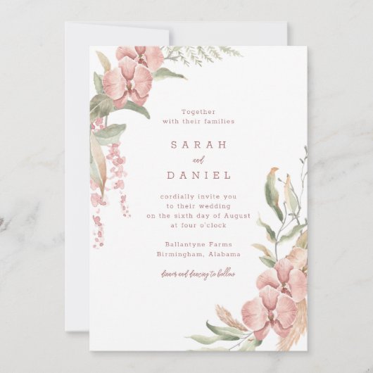 Blush Roze Bloemen en Groen Bruiloft Uitnodiging (Voorkant)