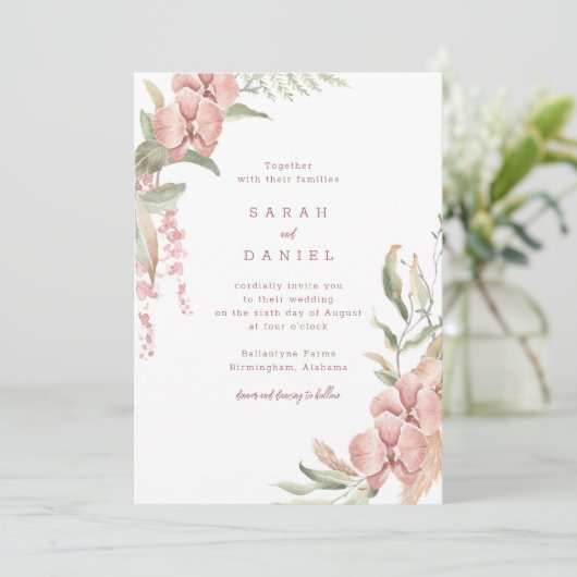 Blush Roze Bloemen en Groen Bruiloft Uitnodiging (Staand voorkant)