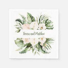 Blush Roze Bloemen en Tropisch Groen Bruiloft Servet