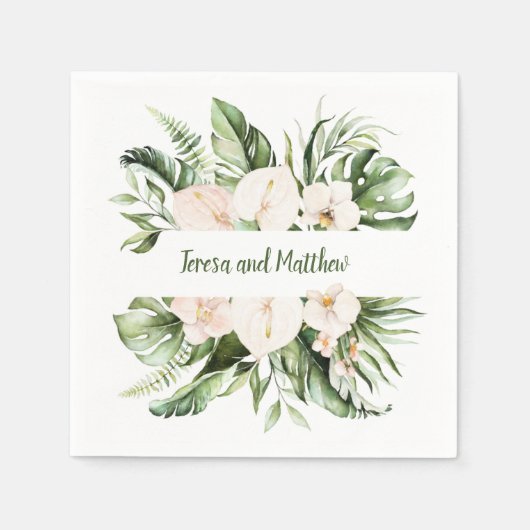 Blush Roze Bloemen en Tropisch Groen Bruiloft Servet (Voorkant)