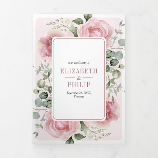 Blush roze bloemen eucalyptus alles in een bruilof drieluik uitnodiging (Cover)
