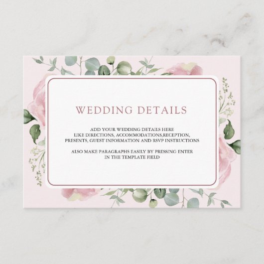 Blush roze bloemen eucalyptus bruiloft details informatiekaartje (Voorkant)