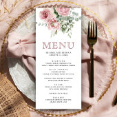 Blush roze bloemen eucalyptus bruiloft menu