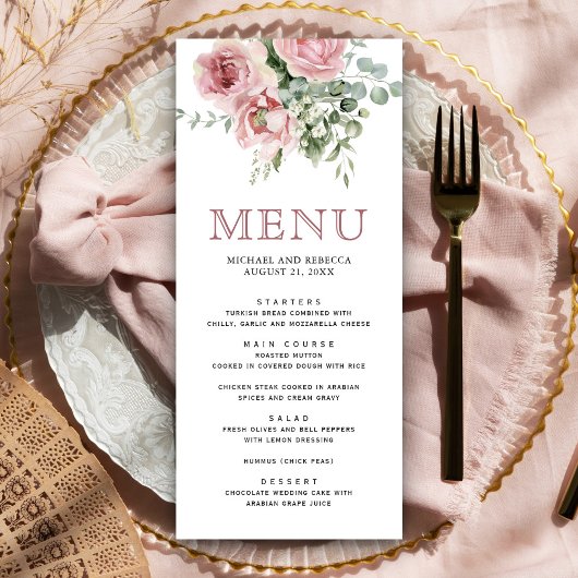 Blush roze bloemen eucalyptus bruiloft menu