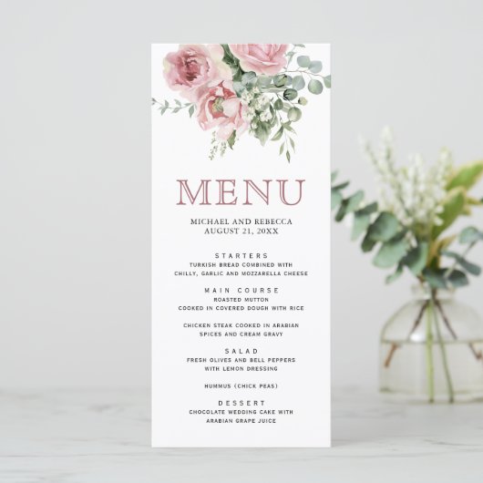 Blush roze bloemen eucalyptus bruiloft menu (Staand voorkant)