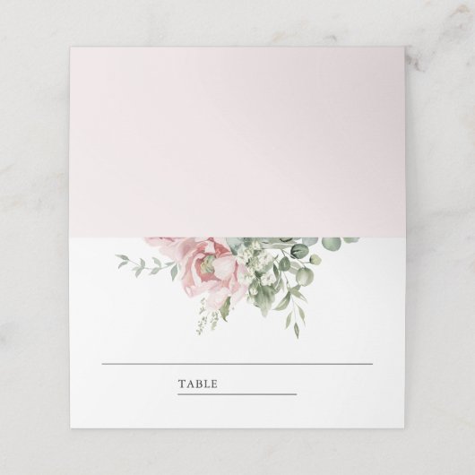Blush roze bloemen eucalyptus bruiloft plaatskaartje (Buitenkant ongevouwen)
